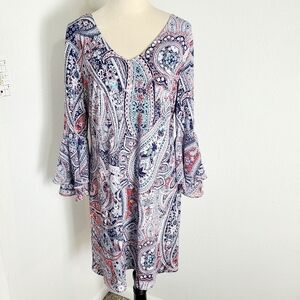 MSK Multicolor Floral Print Dress with Bell Sleeves, Size Large